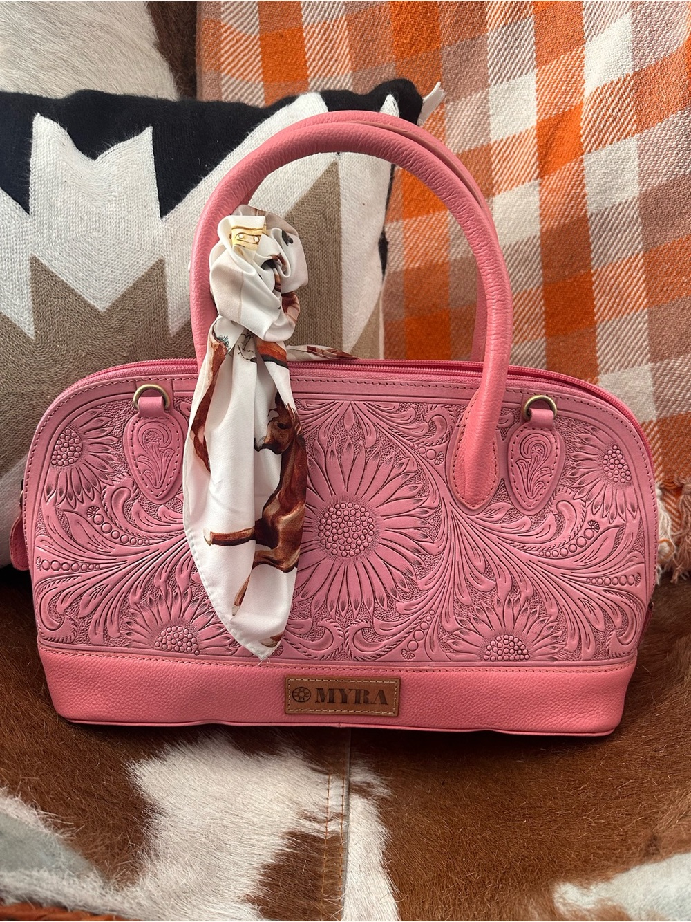 Myra Bag Pink Embossed Floral Dome Satchel with Scarf Accent